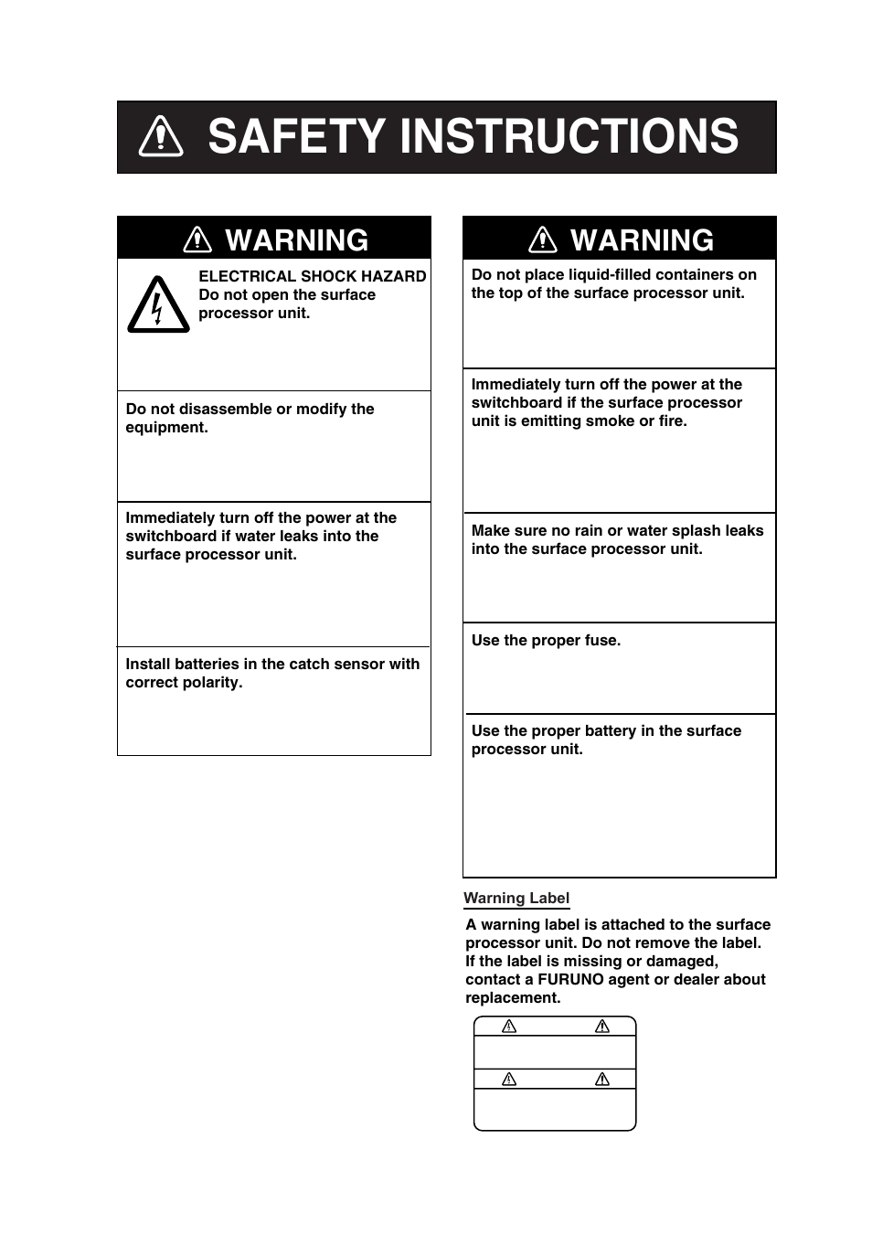 Safety instructions, Warning | Furuno TS-331A User Manual | Page 3 / 66