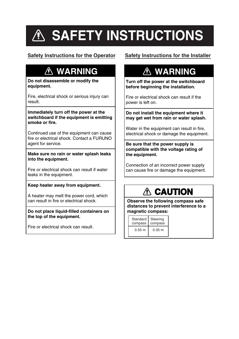 Safety instructions, Warning, Caution | Furuno IF-1500AIS User Manual | Page 2 / 12
