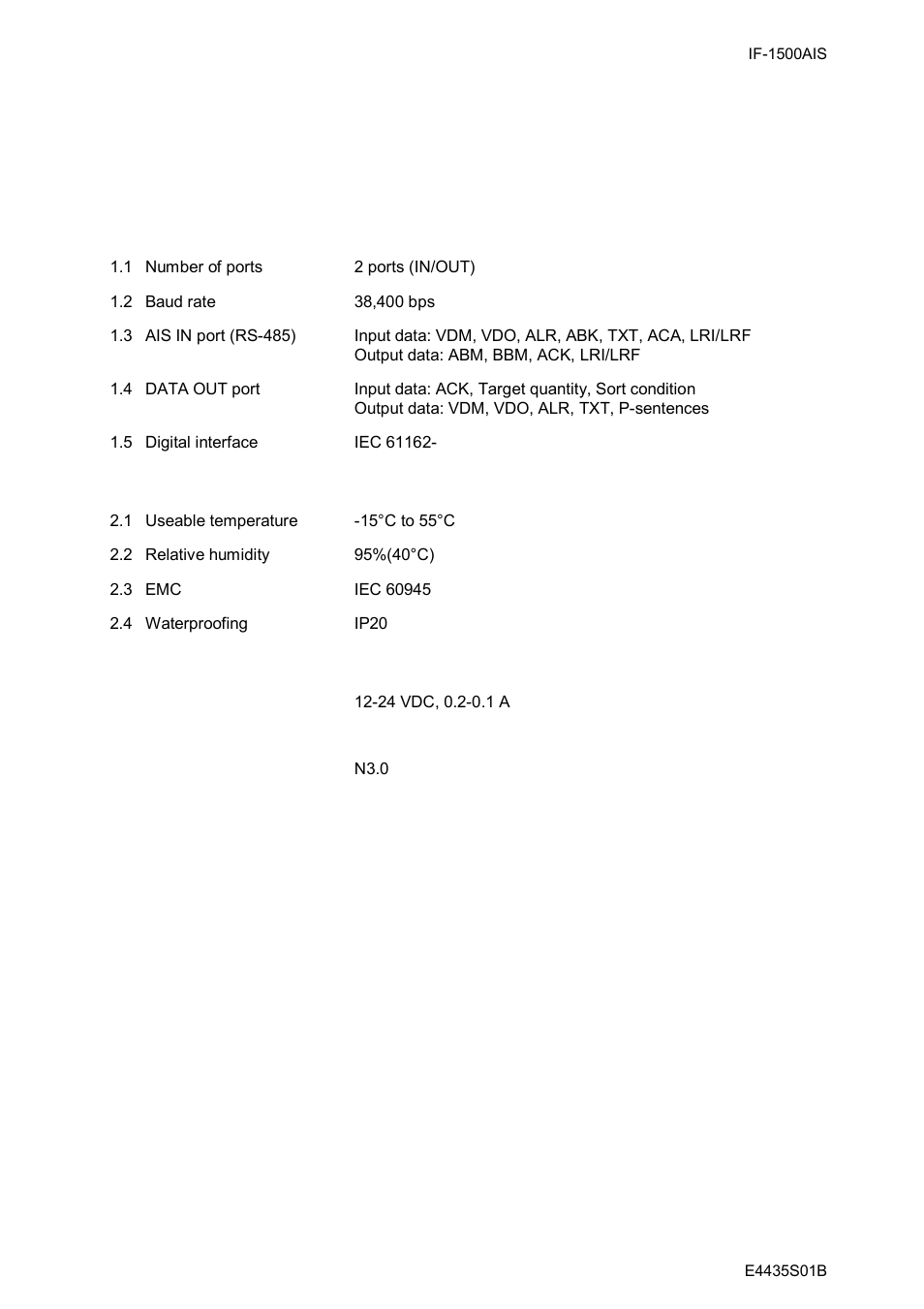 Specifications, Furuno, Specifications of ais interface if-1500ais | Furuno IF-1500AIS User Manual | Page 7 / 12
