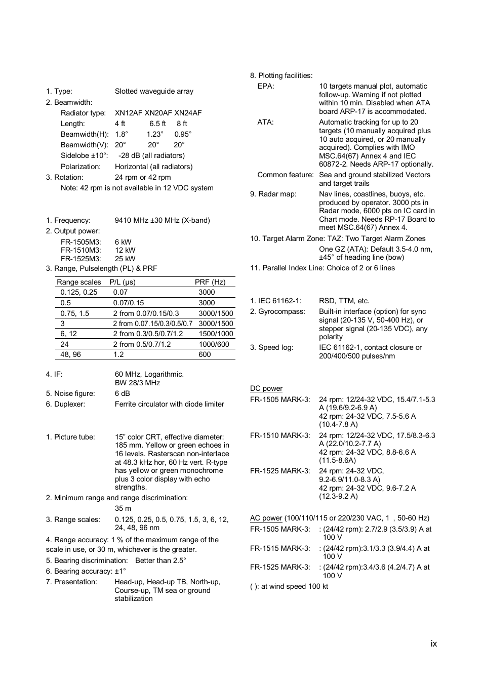 Specifications, Antenna radiators, Rf transceiver | Display unit, Interface, Power supply | Furuno FR-1500 MARK-3 Series User Manual | Page 11 / 125