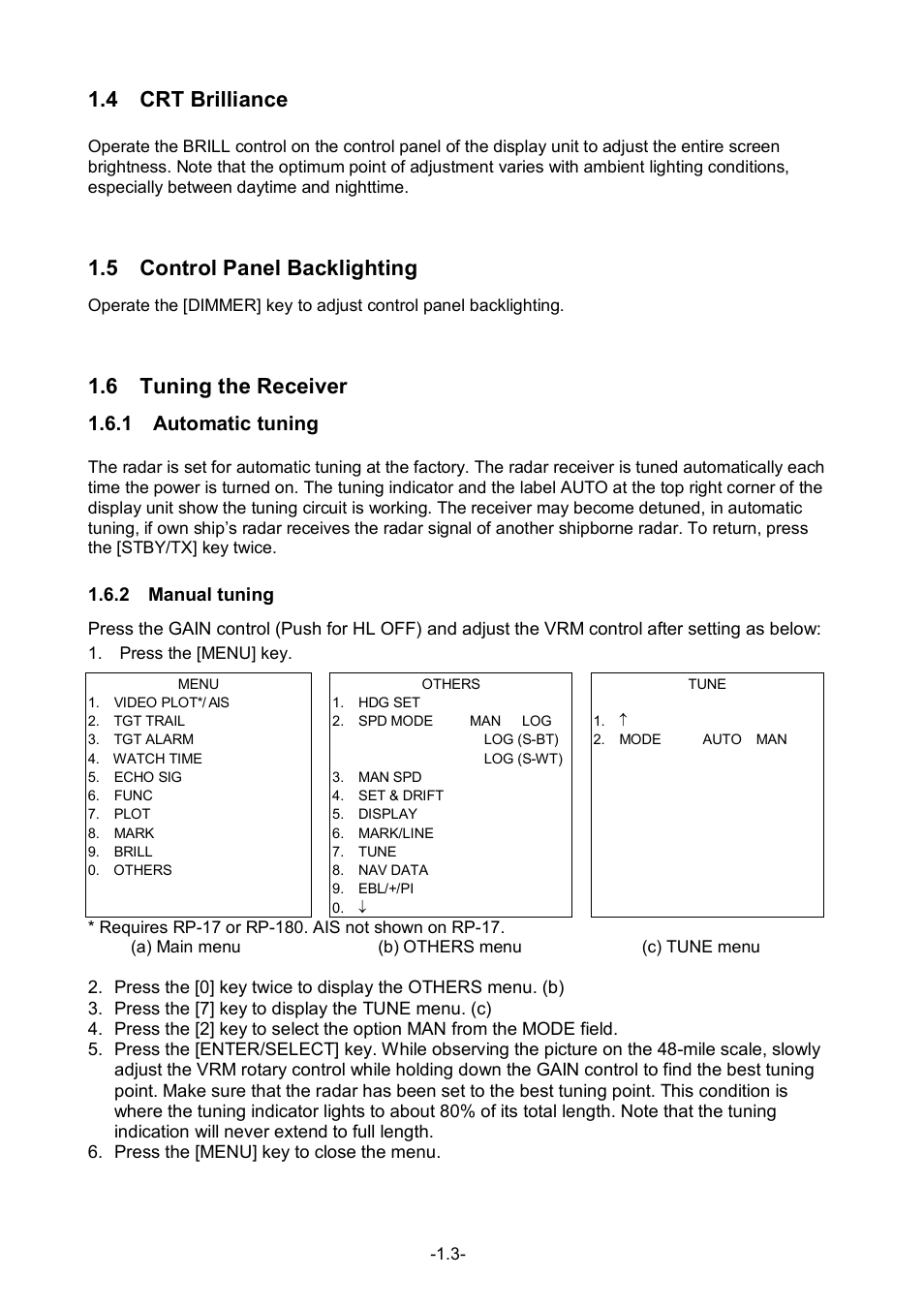 4 crt brilliance, 5 control panel backlighting, 6 tuning the receiver | 1 automatic tuning | Furuno FR-1500 MARK-3 Series User Manual | Page 17 / 125