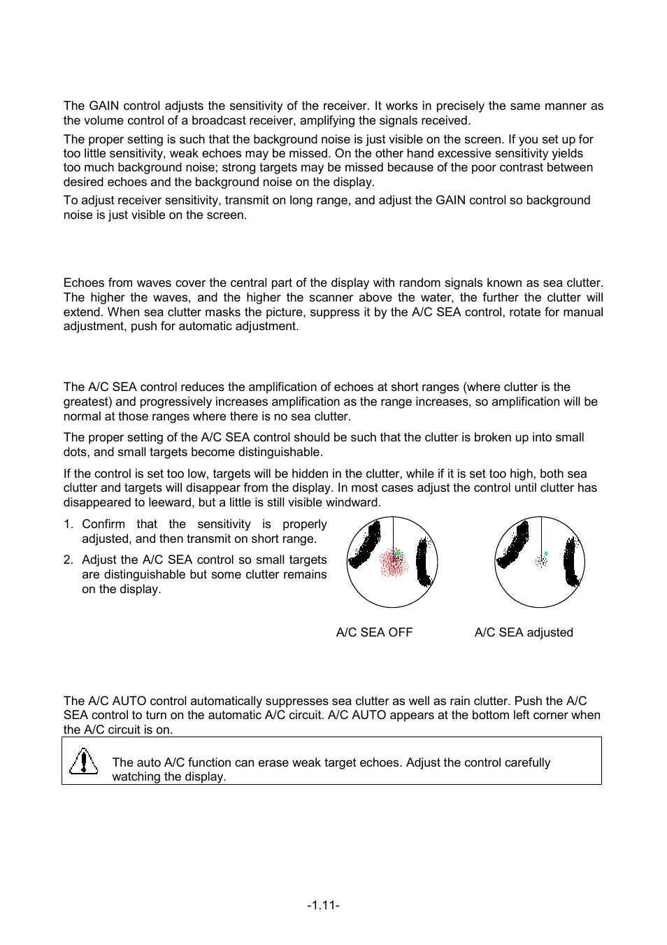 14 adjusting the sensitivity, 15 suppressing sea clutter, Caution | Furuno FR-1500 MARK-3 Series User Manual | Page 25 / 125
