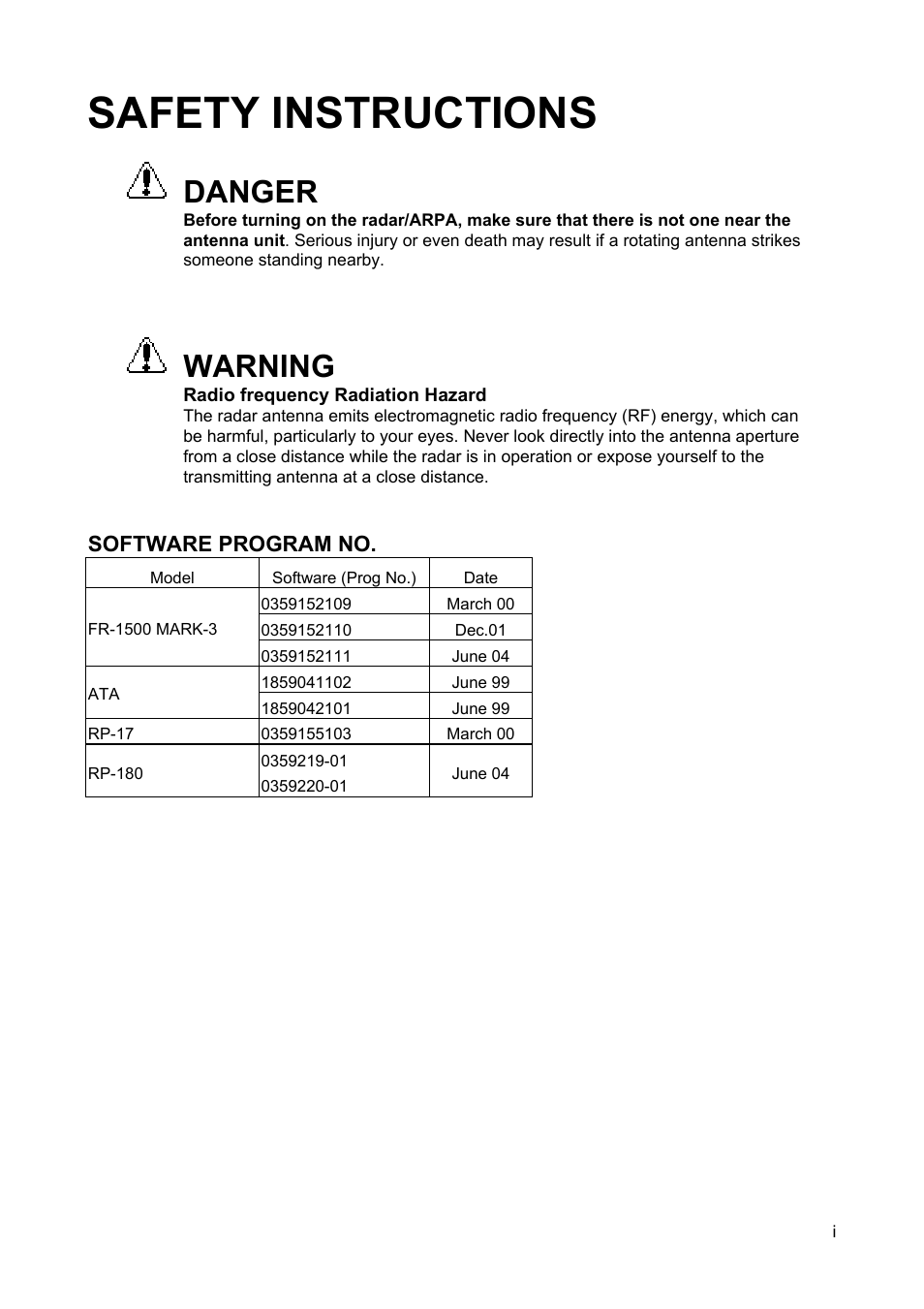 Safety instructions, Danger, Warning | Furuno FR-1500 MARK-3 Series User Manual | Page 3 / 125