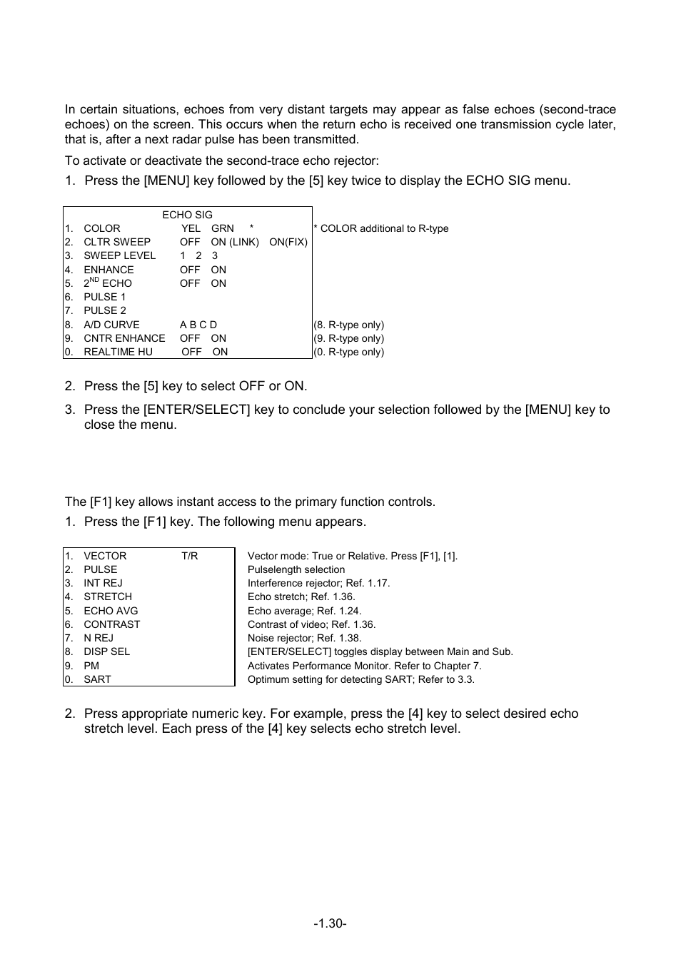 31 suppressing second-trace echoes, 32 [f1] key | Furuno FR-1500 MARK-3 Series User Manual | Page 44 / 125