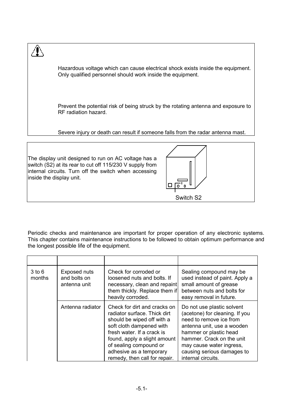 5 maintenance, 1 periodic maintenance schedule, Warning | Furuno FR-1500 MARK-3 Series User Manual | Page 87 / 125