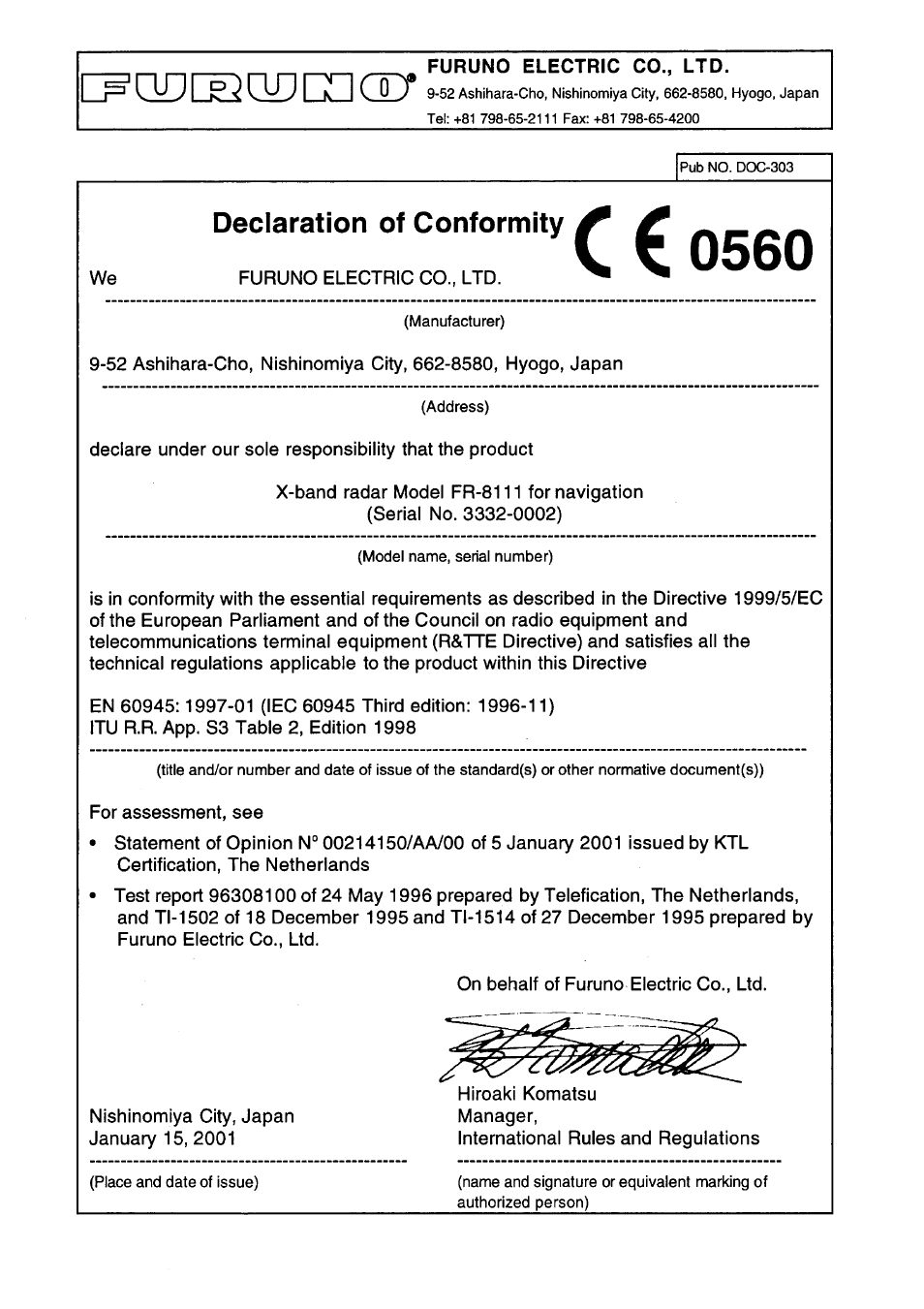 Declaration of conformity | Furuno FR-8051 User Manual | Page 62 / 64