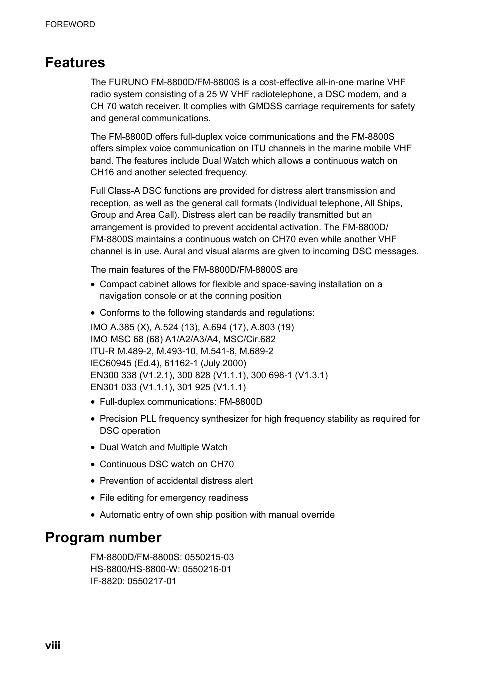 Features, Program number | Furuno FM-8800D/8800S User Manual | Page 10 / 127