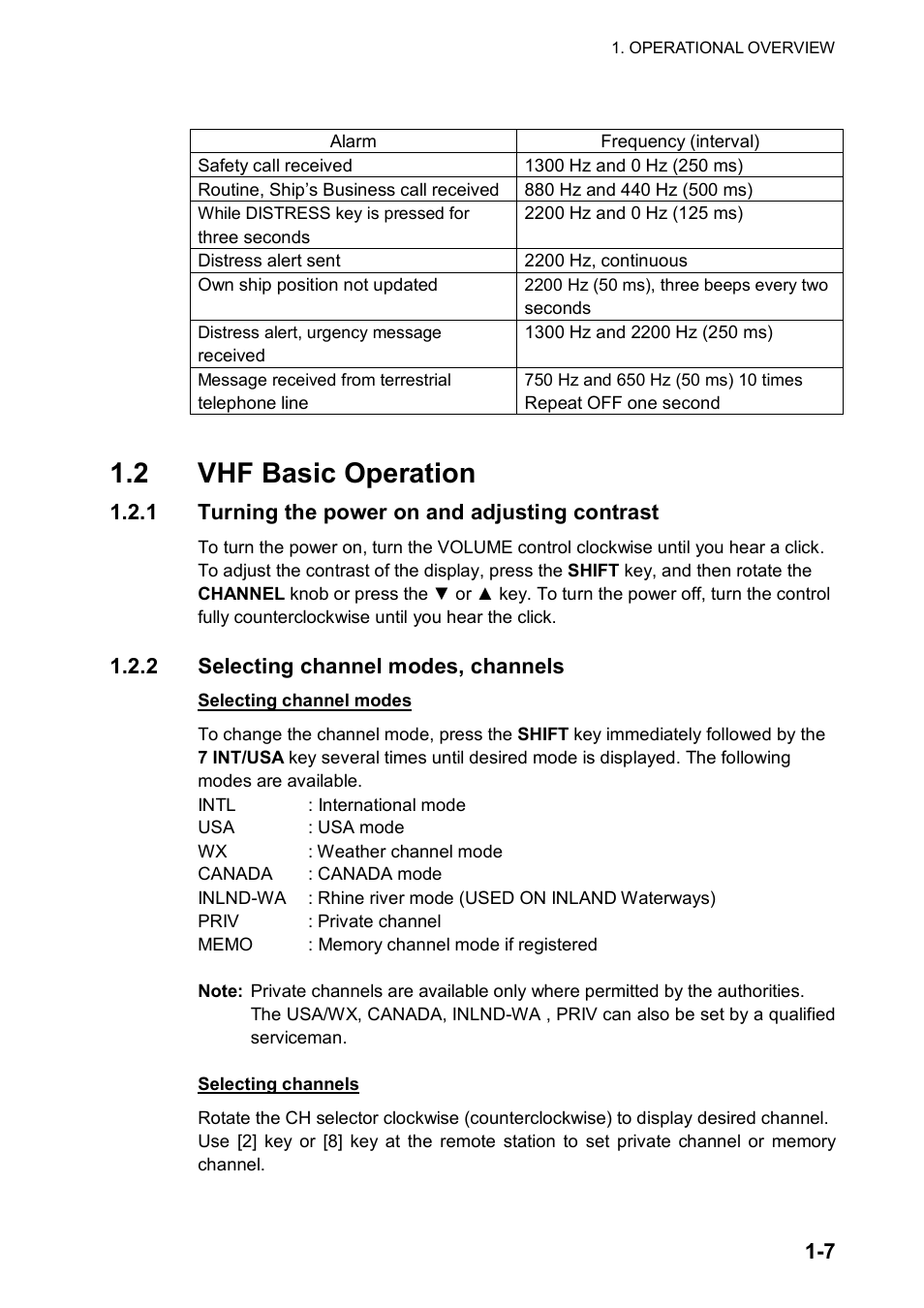 2 vhf basic operation, 1 turning the power on and adjusting contrast, 2 selecting channel modes, channels | Furuno FM-8800D/8800S User Manual | Page 21 / 127