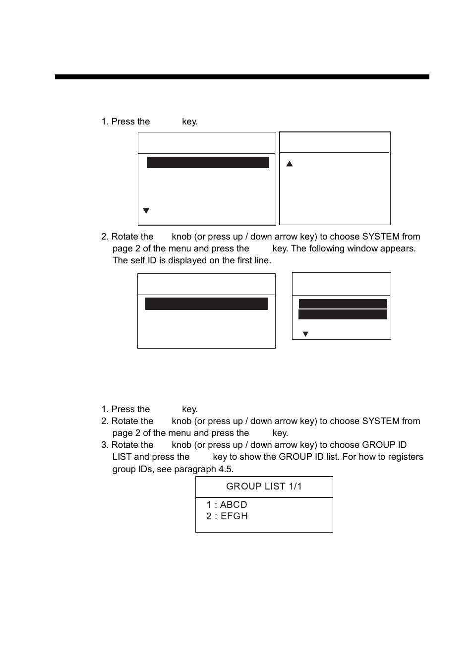 System setup, 1 displaying self id, 2 displaying group id list | Furuno FM-8800D/8800S User Manual | Page 93 / 127