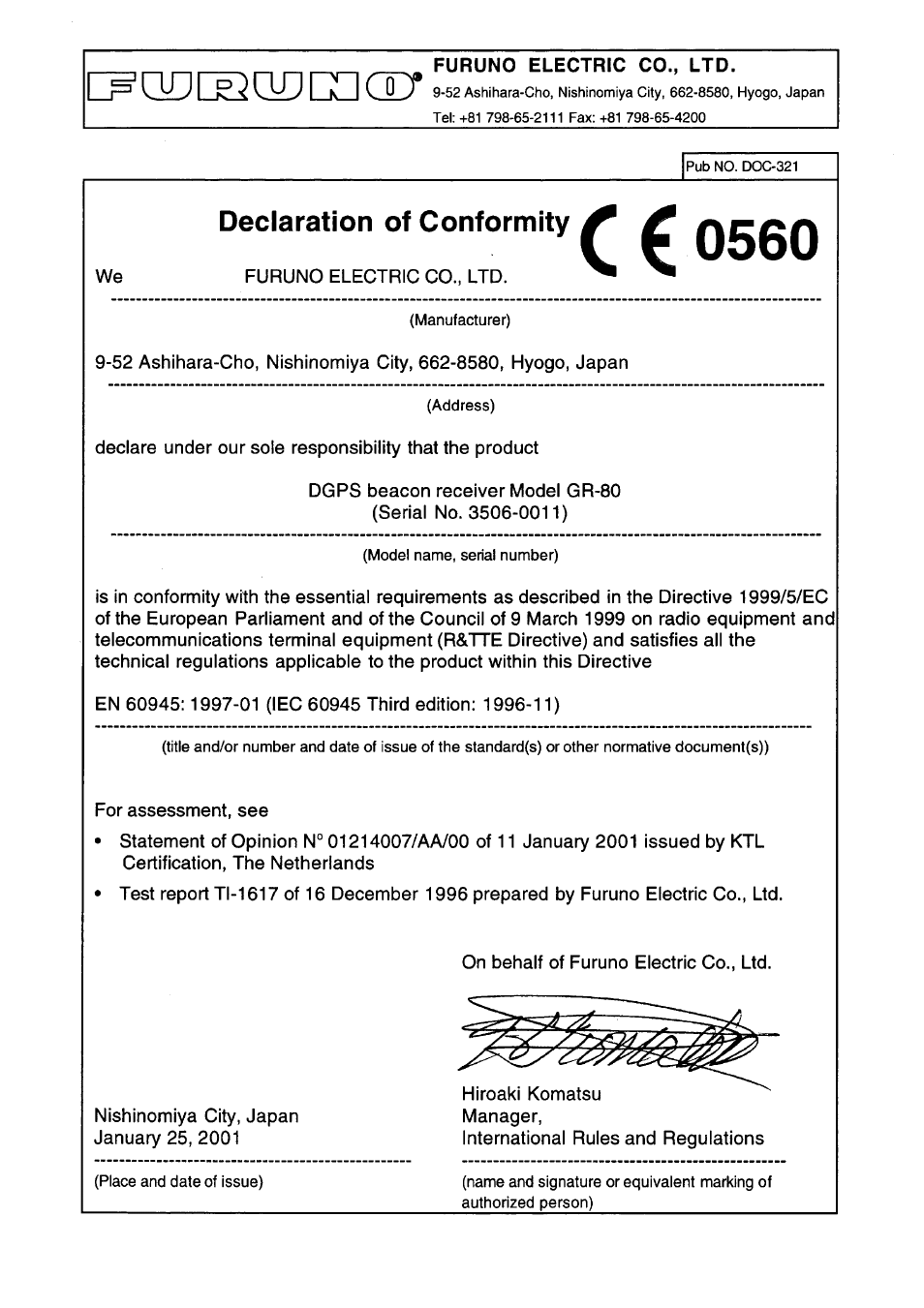 Declaration of conformity | Furuno GR-80 User Manual | Page 35 / 36