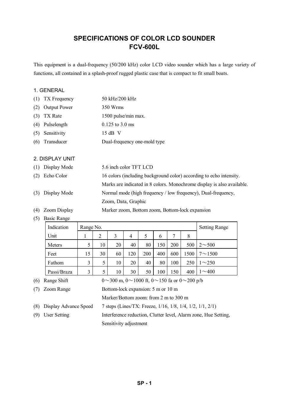 Specifications, Specifications of color lcd sounder fcv-600l | Furuno COLOR LCD SOUNDER FCV-600L User Manual | Page 33 / 34