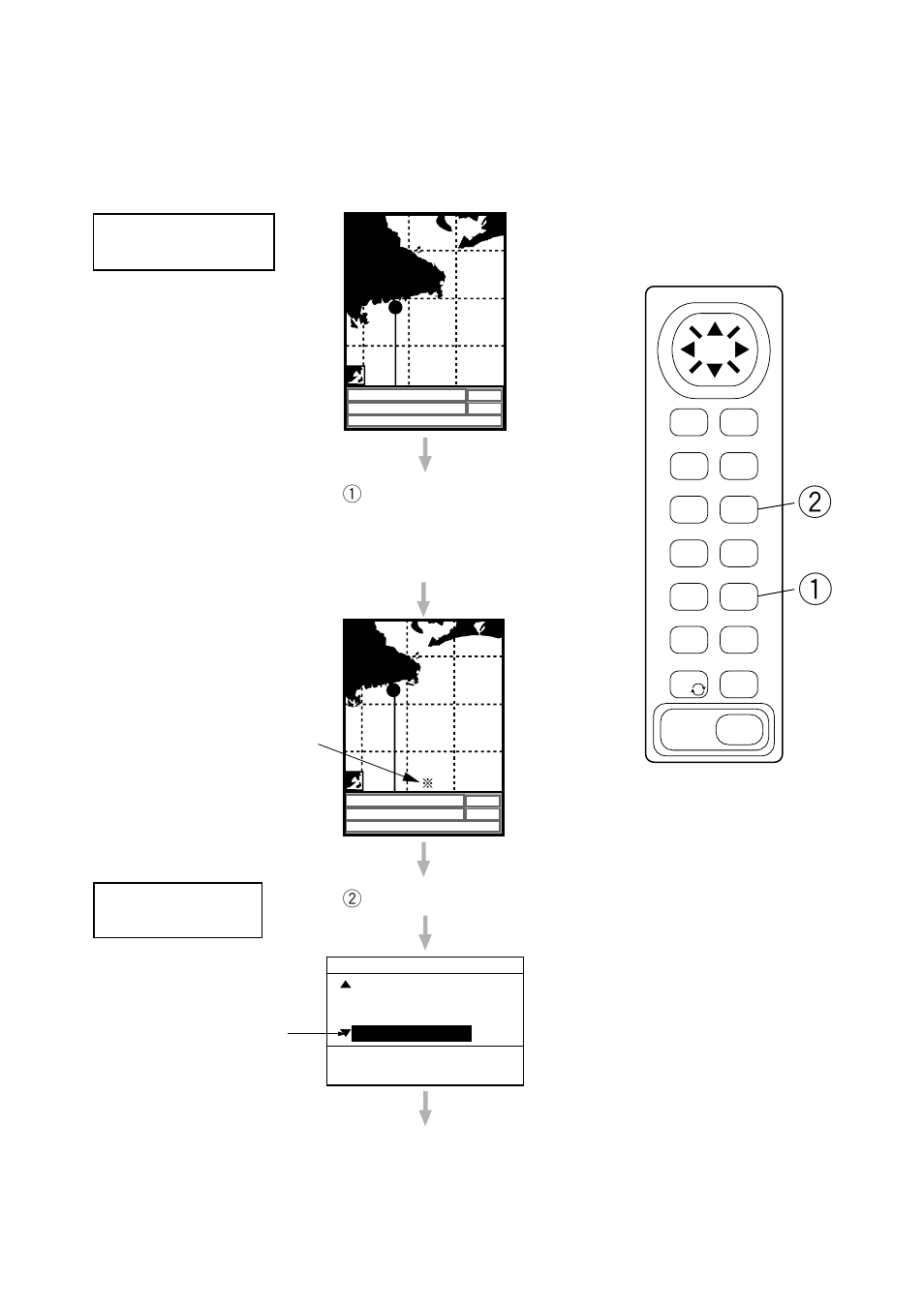 Setting destination, Set point as destination, Shrink display range or scale | 2press the goto key. 1 press the zoom out key, Press until position for destination appears, Destination point | Furuno GP-1610C User Manual | Page 8 / 16