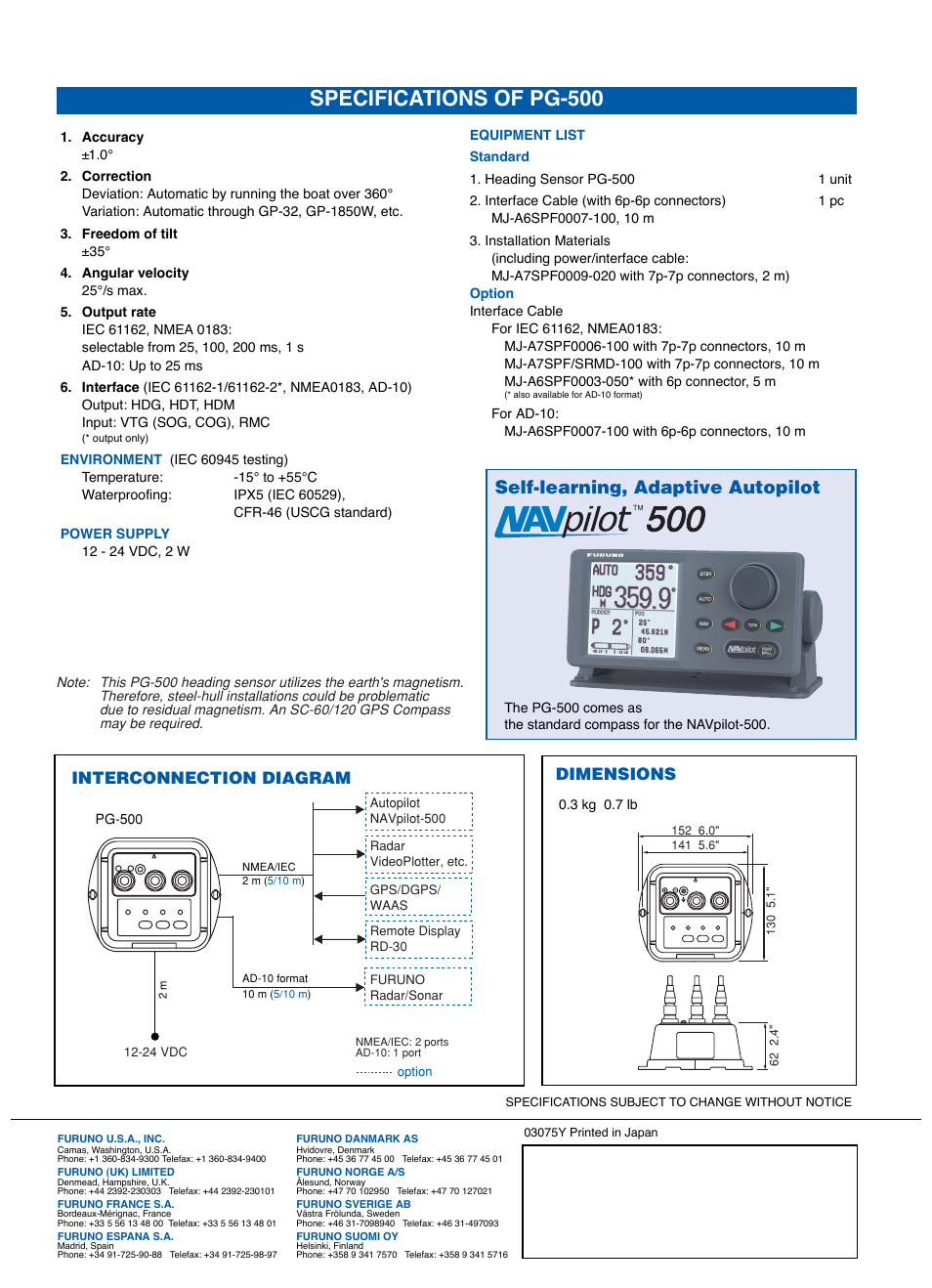 Specifications of pg-500, Self-learning, adaptive autopilot, Dimensions | Interconnection diagram | Furuno Precision PG-500 User Manual | Page 2 / 2