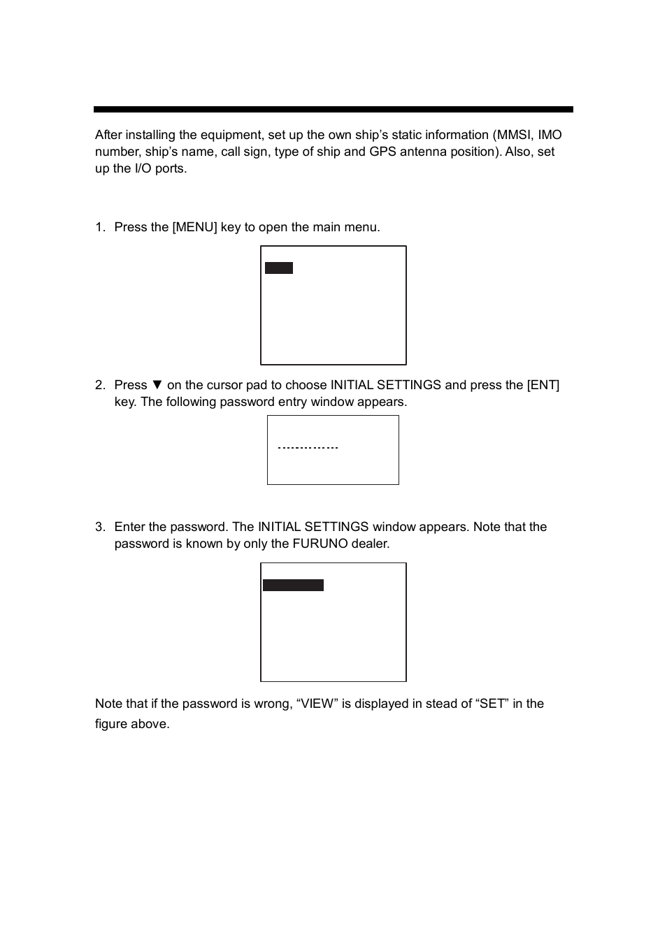 Setting and adjustment, 1 setting mmsi, imo no., name and call sign | Furuno FA-150 User Manual | Page 24 / 54