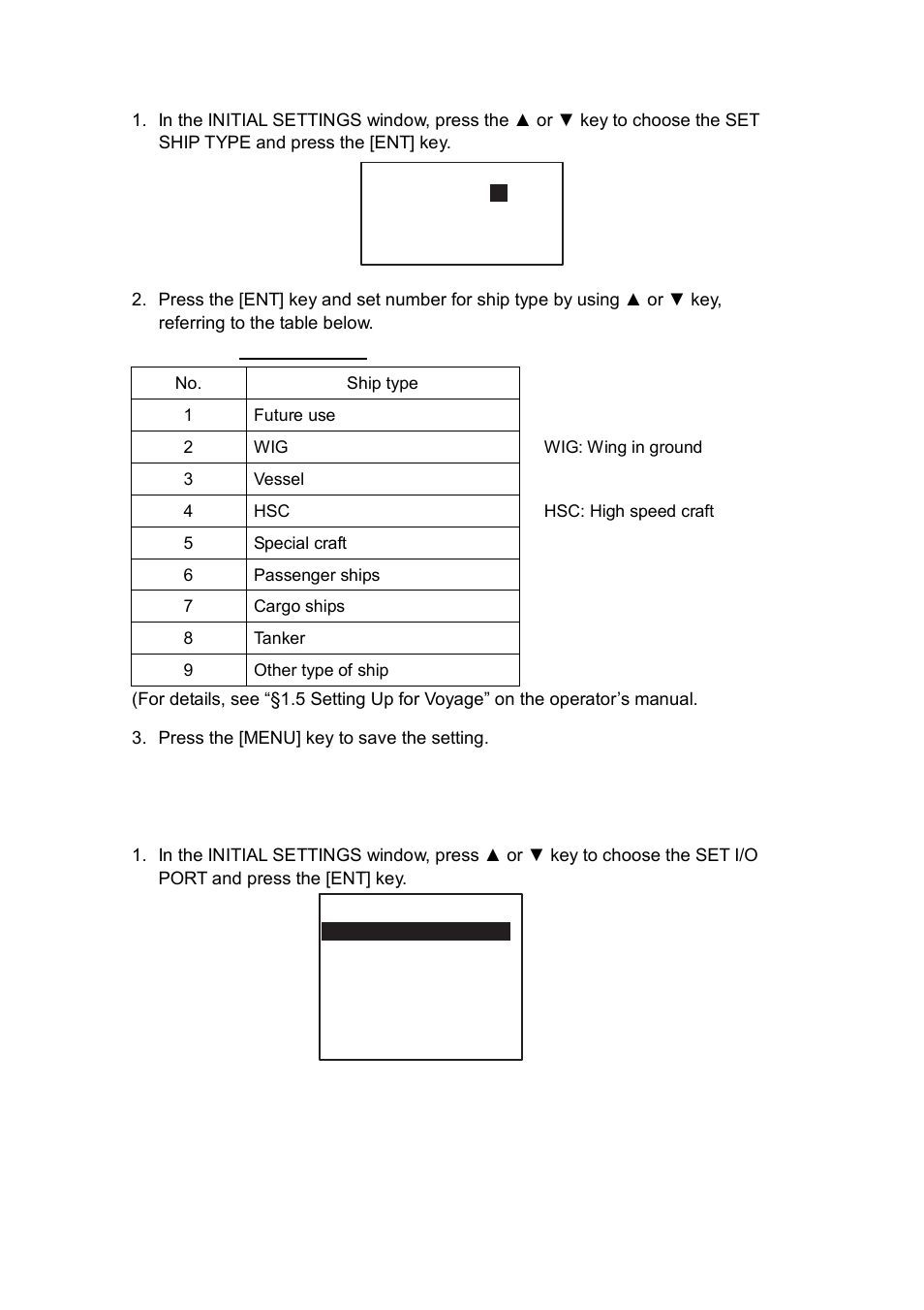 3 setting ship type, 4 setting i/o port, Setting com port/pc port | Furuno FA-150 User Manual | Page 27 / 54