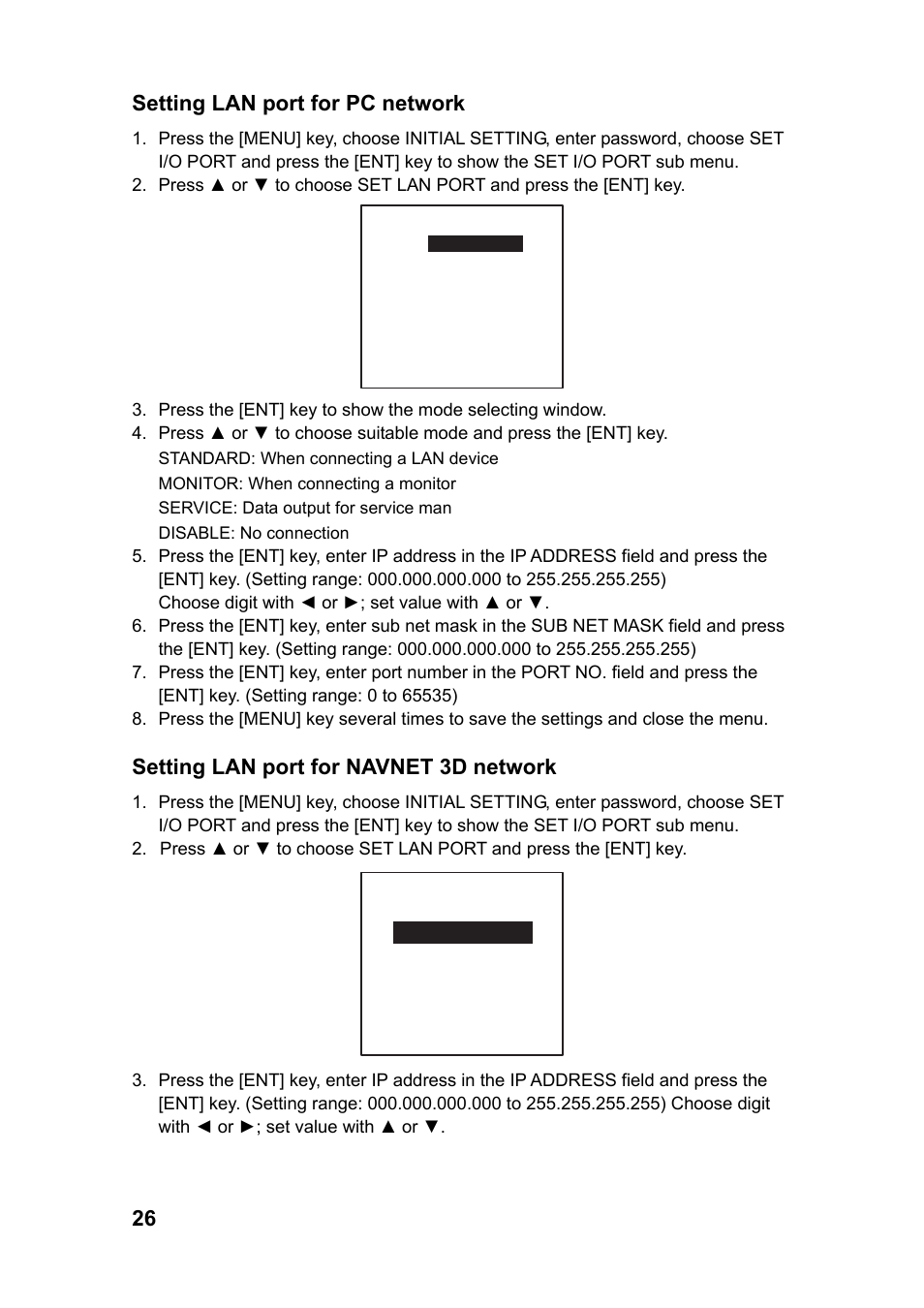 26 setting lan port for pc network, Setting lan port for navnet 3d network | Furuno FA-150 User Manual | Page 32 / 54