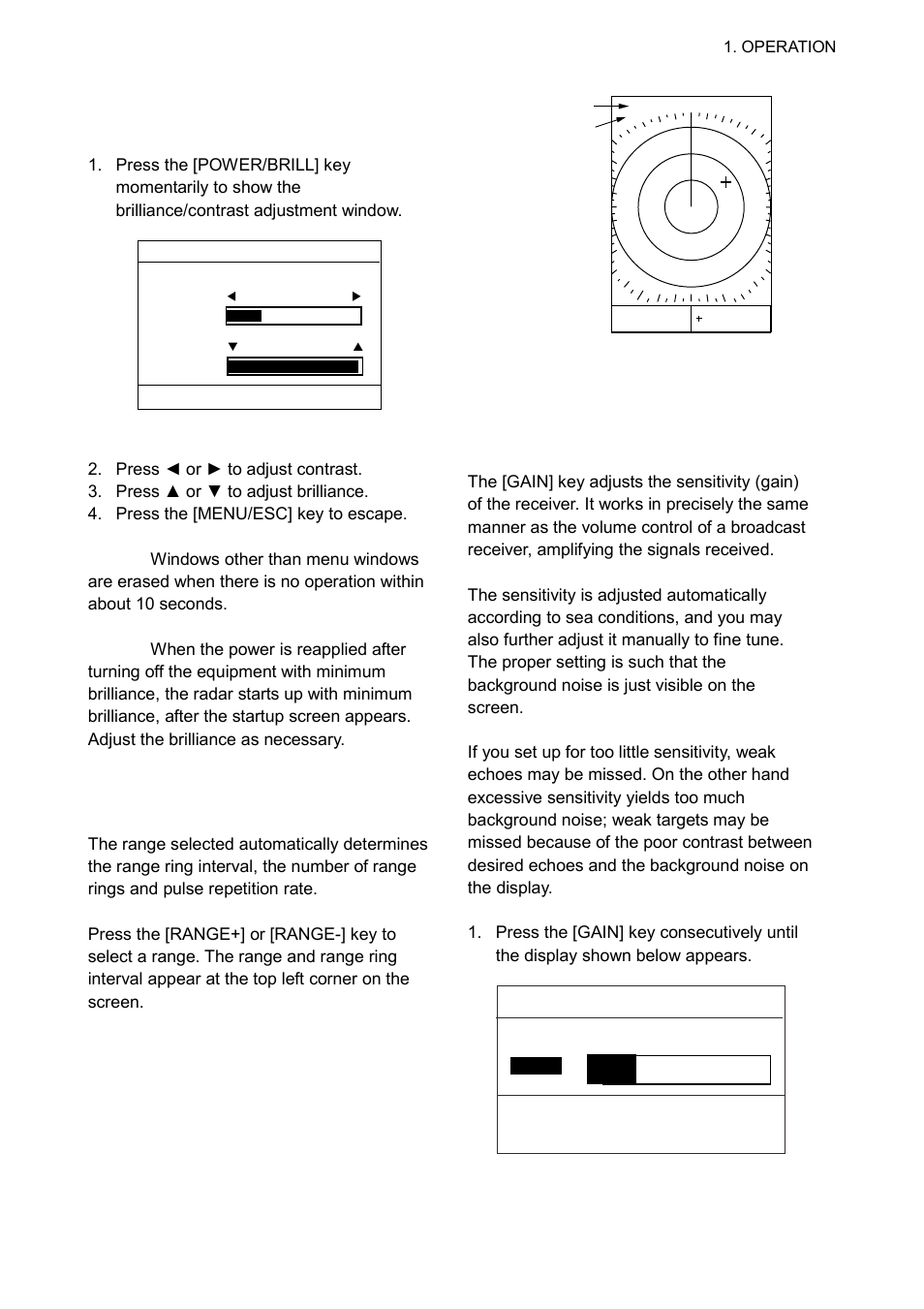 5 adjusting display contrast, brilliance, 6 choosing the range, 7 receiver sensitivity | Furuno 1623 User Manual | Page 12 / 48