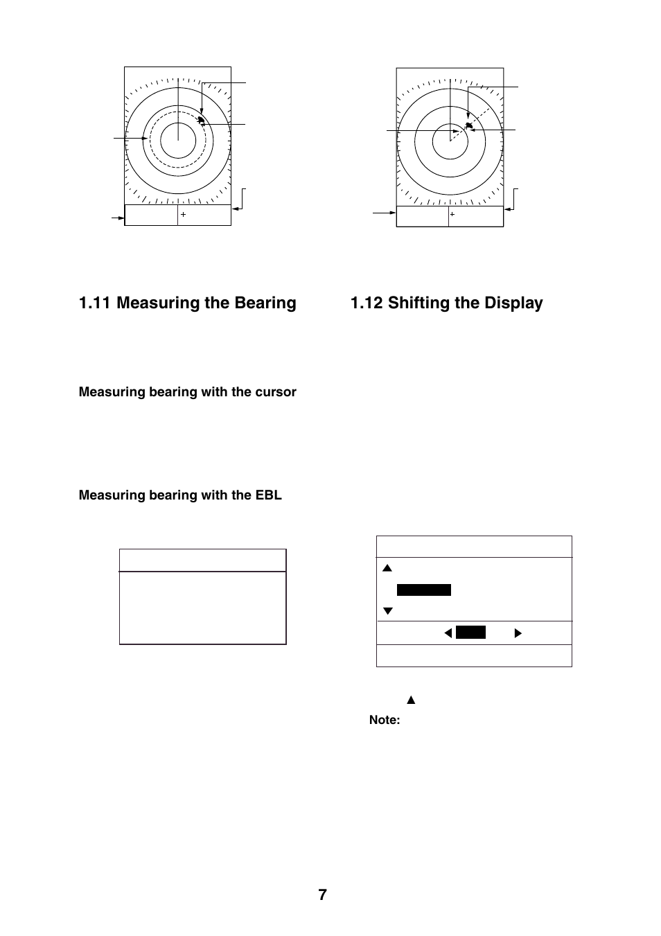 11 measuring the bearing, 12 shifting the display, Measuring bearing with the cursor | Measuring bearing with the ebl | Furuno 1623 User Manual | Page 15 / 48