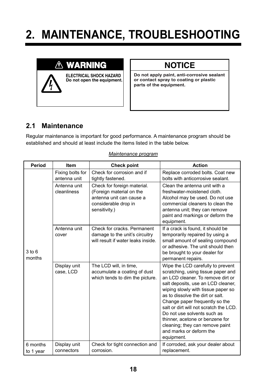Maintenance, troubleshooting, 1 maintenance, Warning | Notice | Furuno 1623 User Manual | Page 26 / 48