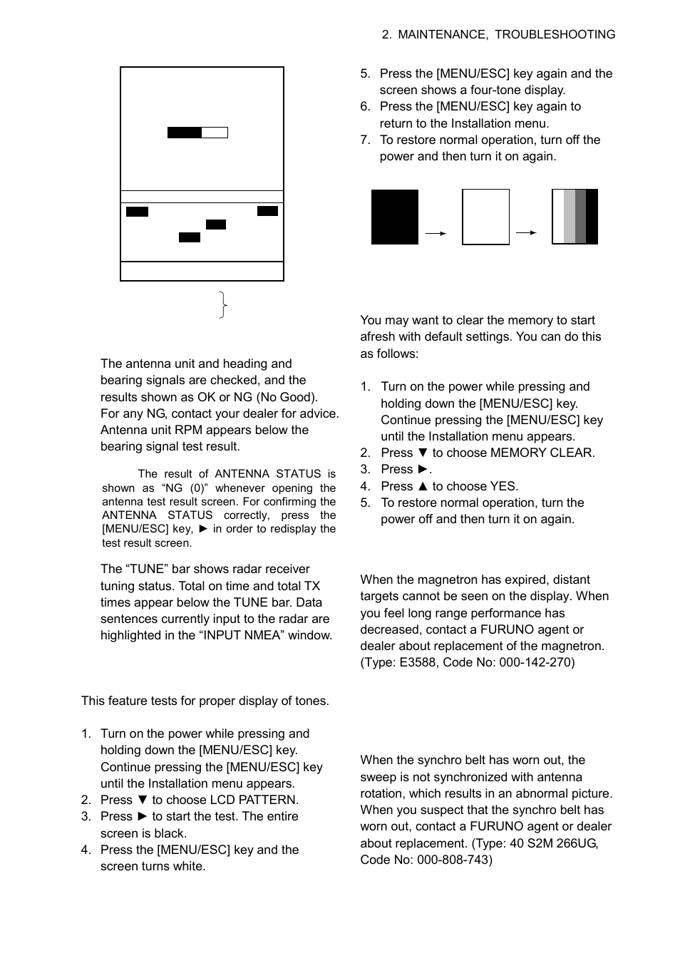 5 test pattern, 6 clearing the memory, 7 replacing the magnetron | 8 replacing the synchro belt | Furuno 1623 User Manual | Page 29 / 48