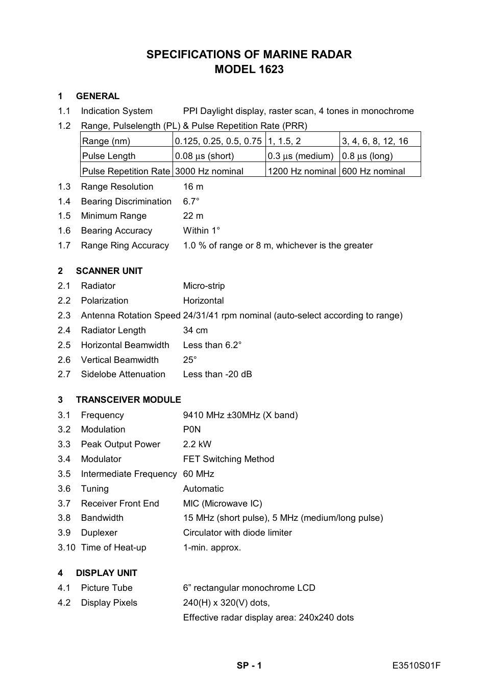 Specifications, Specifications of marine radar model 1623 | Furuno 1623 User Manual | Page 40 / 48