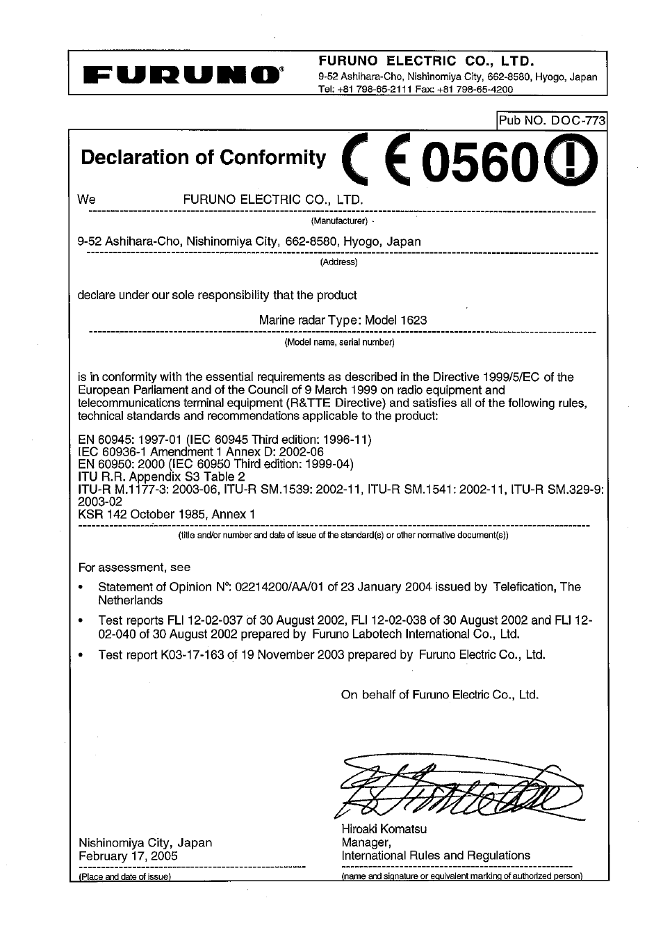 Declaration of conformity | Furuno 1623 User Manual | Page 47 / 48