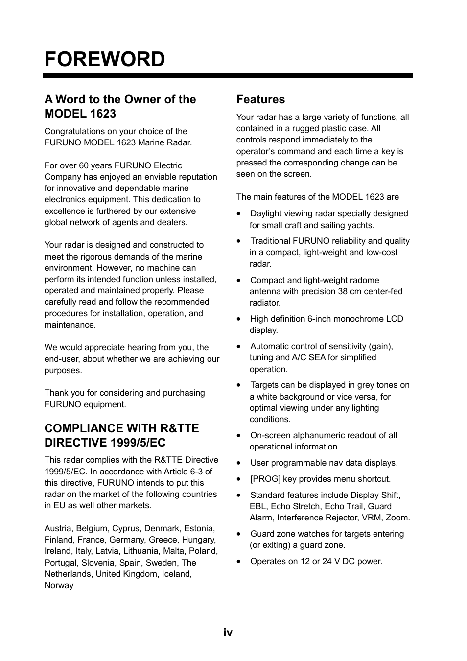 Foreword, A word to the owner of the model 1623, Features | Furuno 1623 User Manual | Page 6 / 48