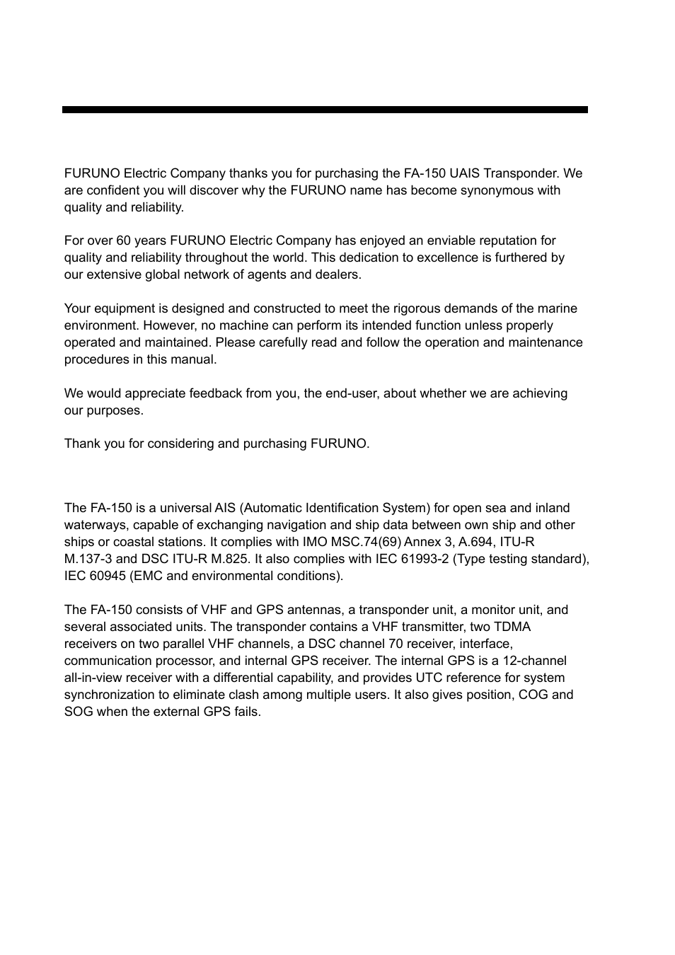 Foreword, A word to the owner of the fa-150, Features | Furuno UAIS TRANPONDER FA-150 User Manual | Page 5 / 128