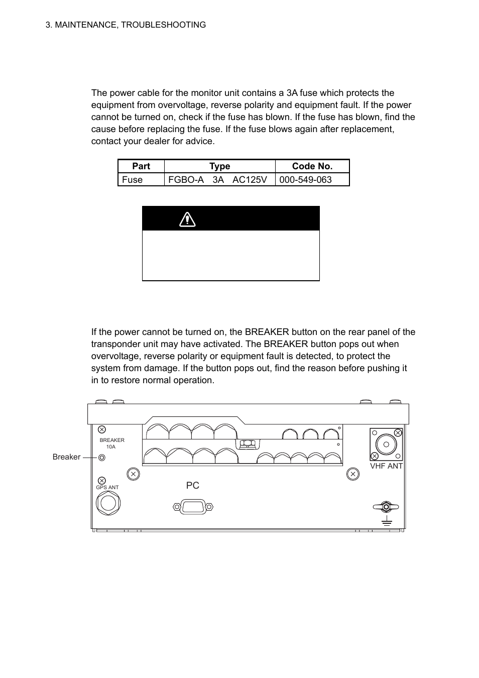 2 replacement of fuse, resetting the breaker, Warning | Furuno UAIS TRANPONDER FA-150 User Manual | Page 77 / 128