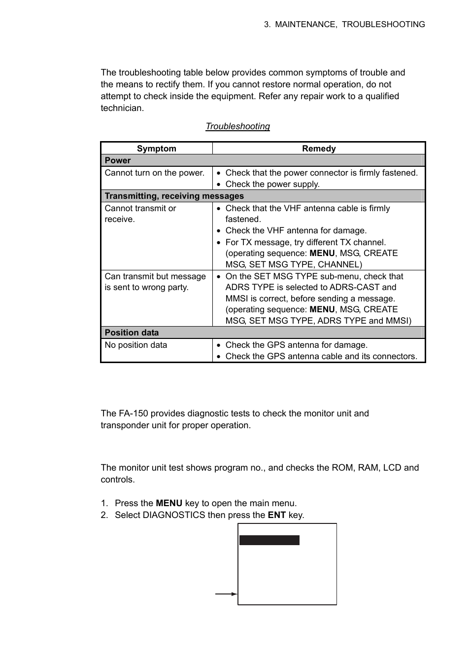 3 troubleshooting, 4 diagnostics, 1 monitor unit test | Furuno UAIS TRANPONDER FA-150 User Manual | Page 78 / 128