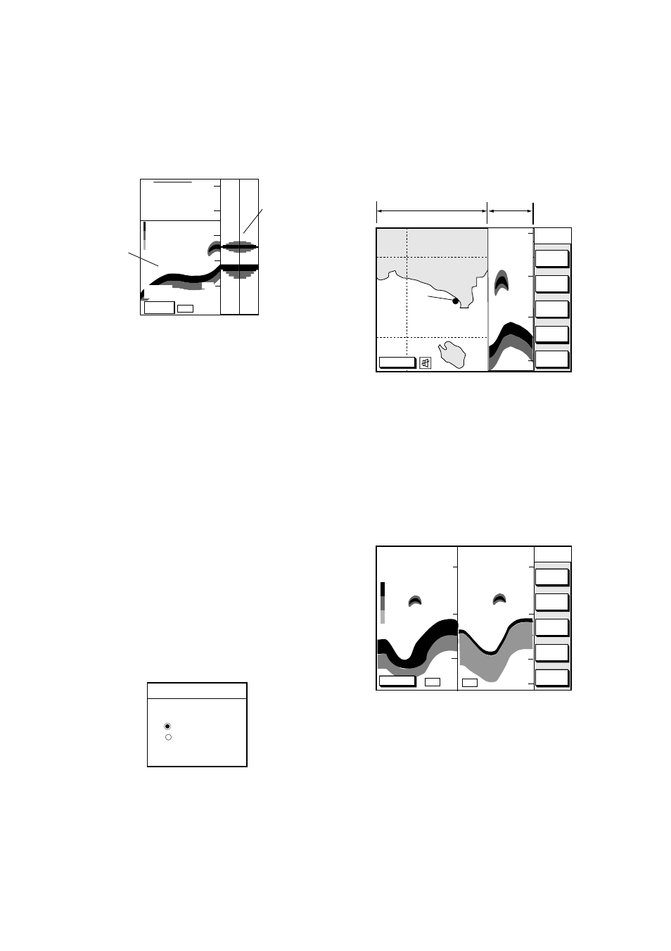 New wide plotter/es display, A-scope display plus normal sounder display, Plotter/sounder display | Dual-frequency display example | Furuno GP-1850 User Manual | Page 13 / 13