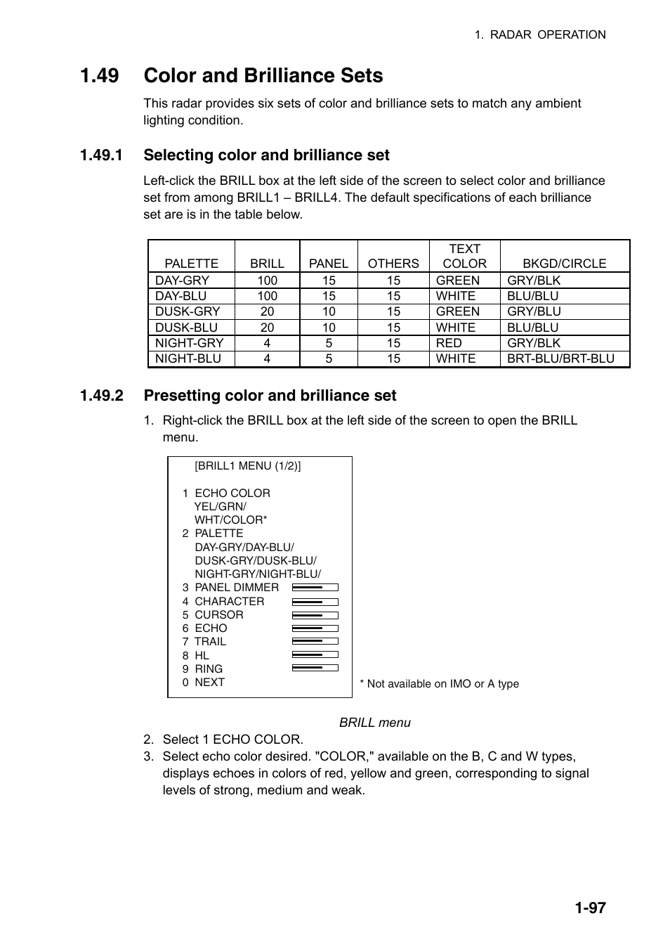 49 color and brilliance sets, 1 selecting color and brilliance set, 2 presetting color and brilliance set | Furuno FAR-2107(-BB) User Manual | Page 119 / 312