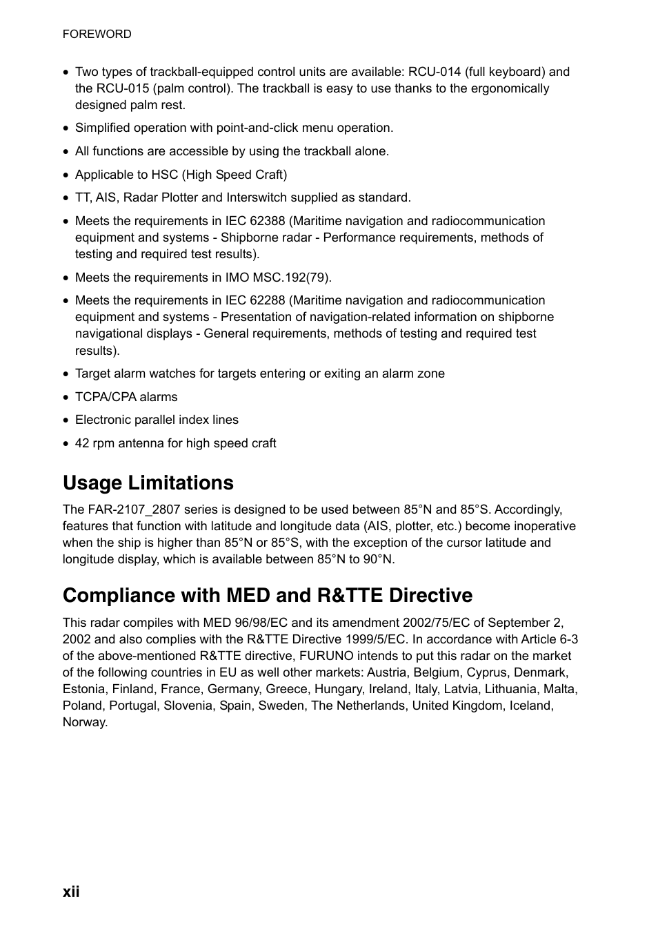 Usage limitations, Compliance with med and r&tte directive | Furuno FAR-2107(-BB) User Manual | Page 14 / 312