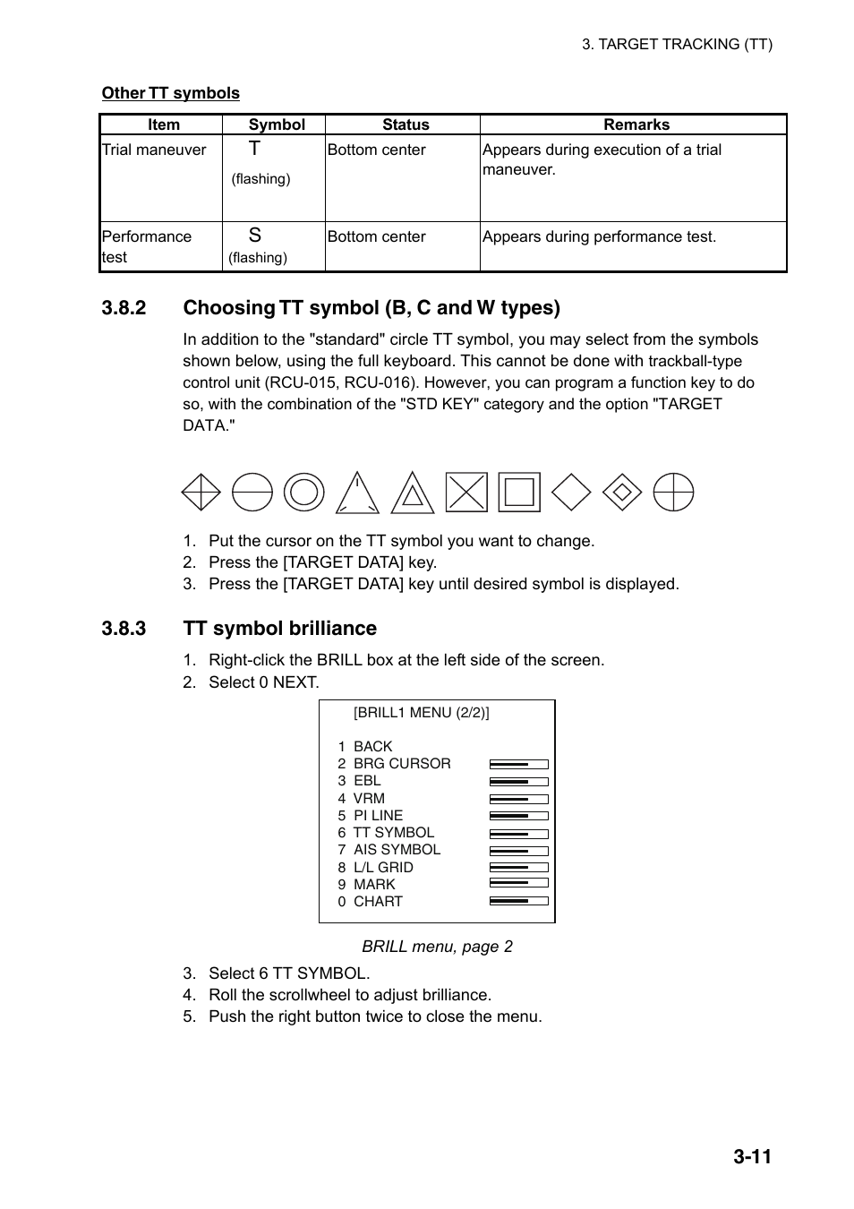 2 choosing tt symbol (b, c and w types), 3 tt symbol brilliance | Furuno FAR-2107(-BB) User Manual | Page 149 / 312