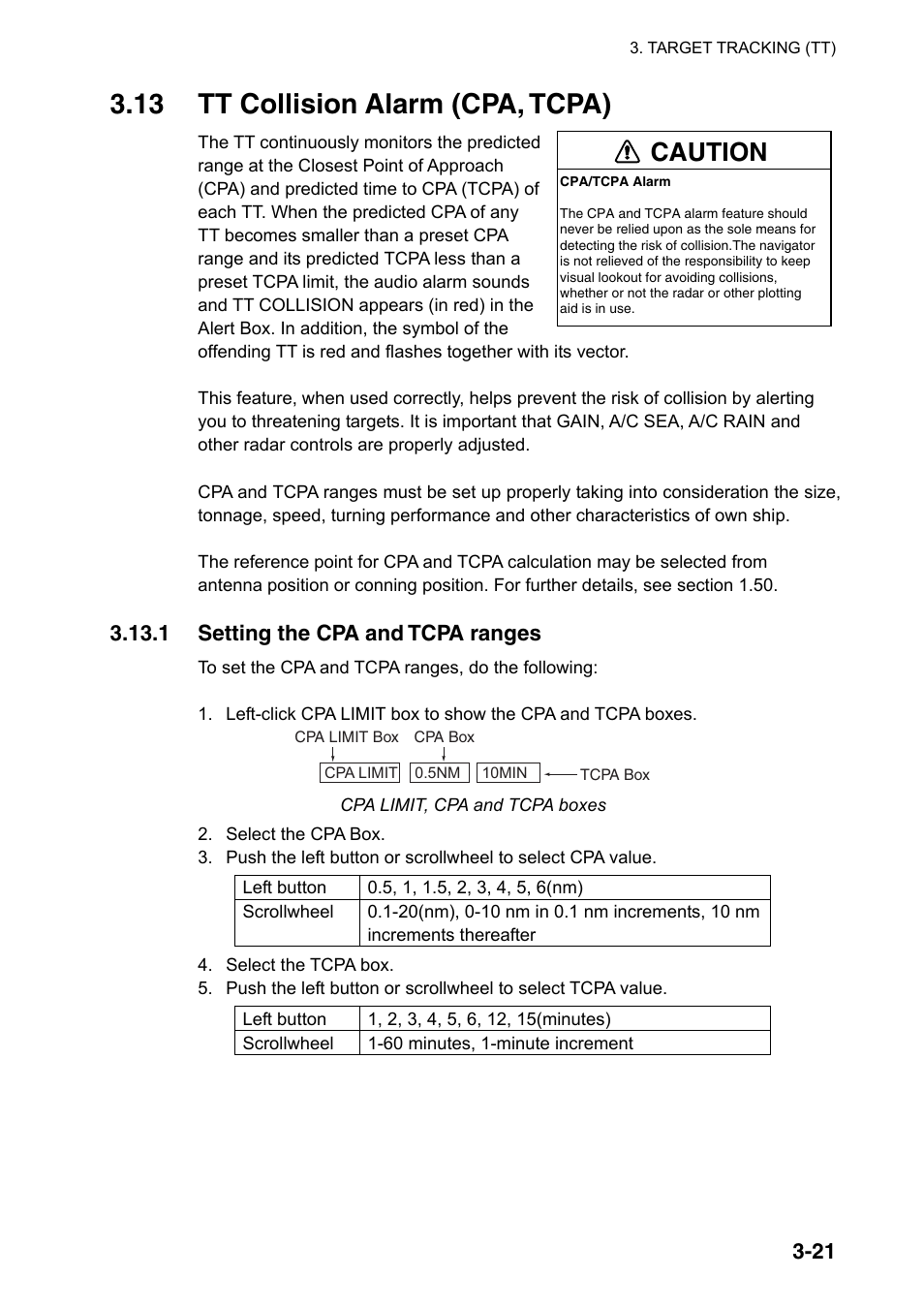 13 tt collision alarm (cpa, tcpa), Caution | Furuno FAR-2107(-BB) User Manual | Page 159 / 312