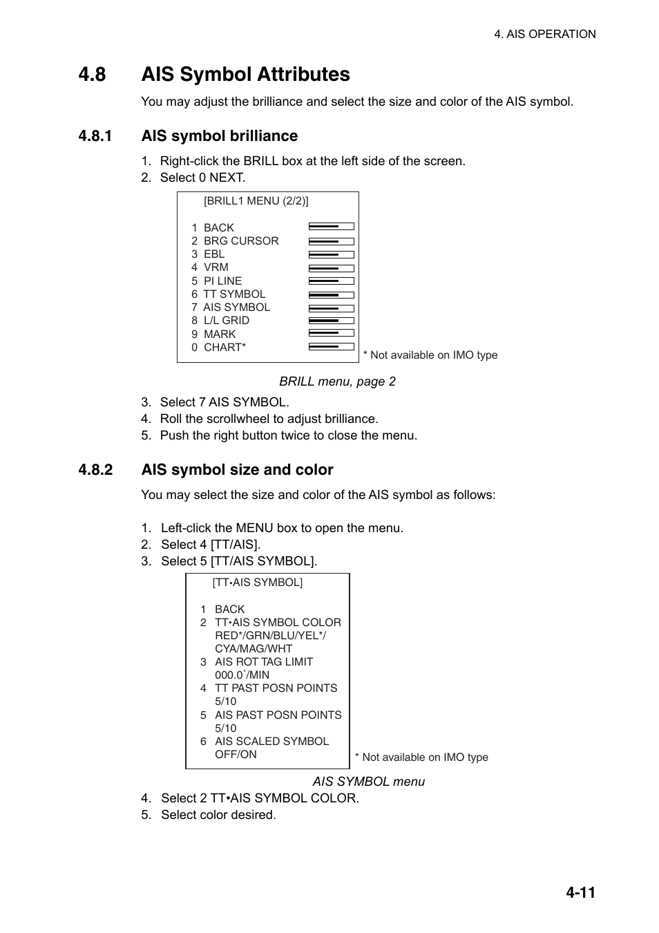 8 ais symbol attributes, 1 ais symbol brilliance, 2 ais symbol size and color | Furuno FAR-2107(-BB) User Manual | Page 185 / 312