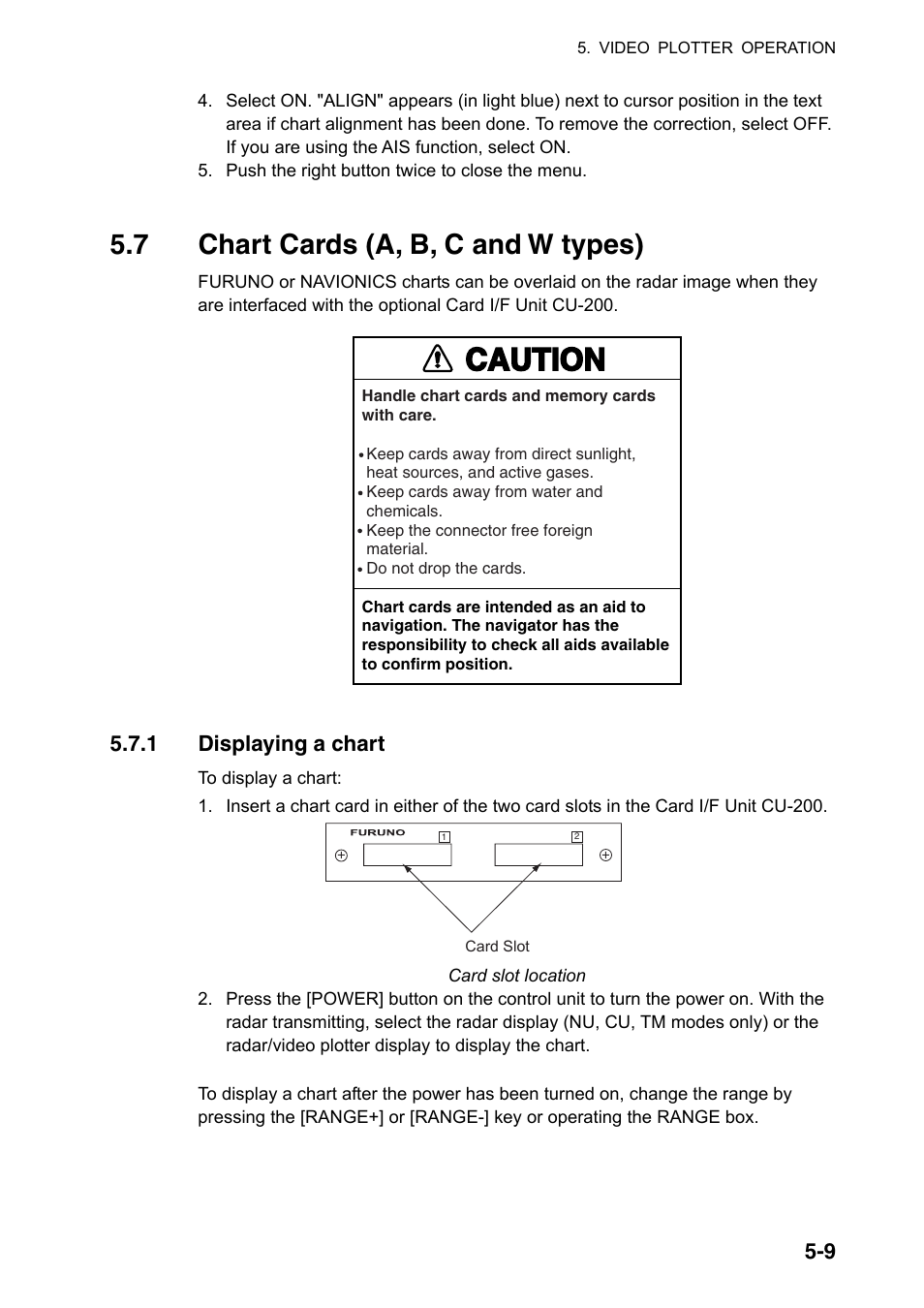 7 chart cards (a, b, c and w types), Caution, 1 displaying a chart | Furuno FAR-2107(-BB) User Manual | Page 209 / 312