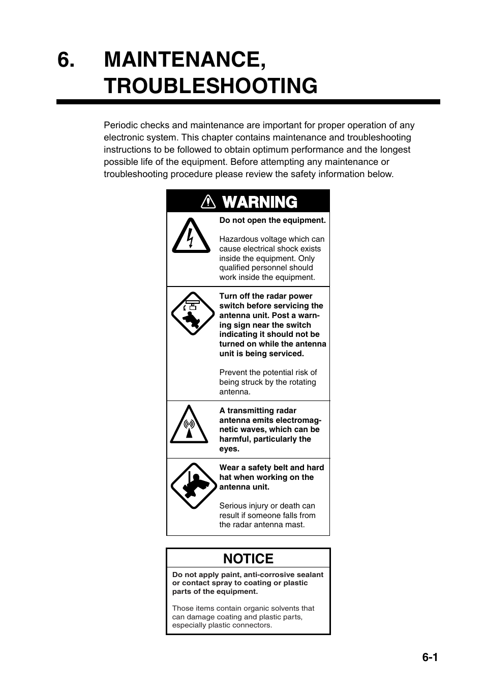 Maintenance,troubleshooting, Maintenance, troubleshooting, Warning | Notice | Furuno FAR-2107(-BB) User Manual | Page 237 / 312