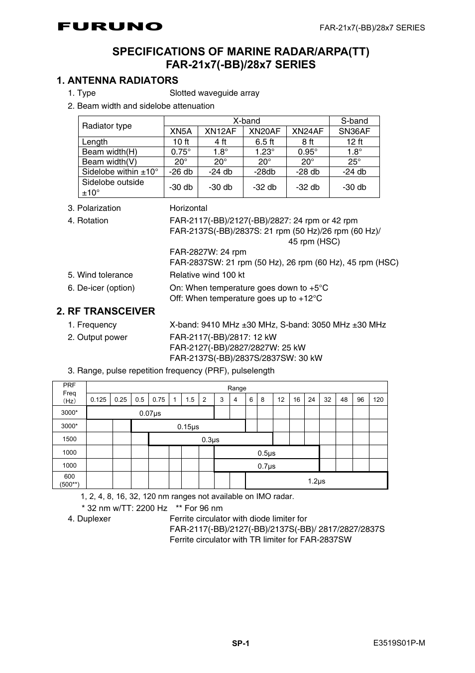 Specifications, Furuno, Antenna radiators | Rf transceiver | Furuno FAR-2107(-BB) User Manual | Page 303 / 312