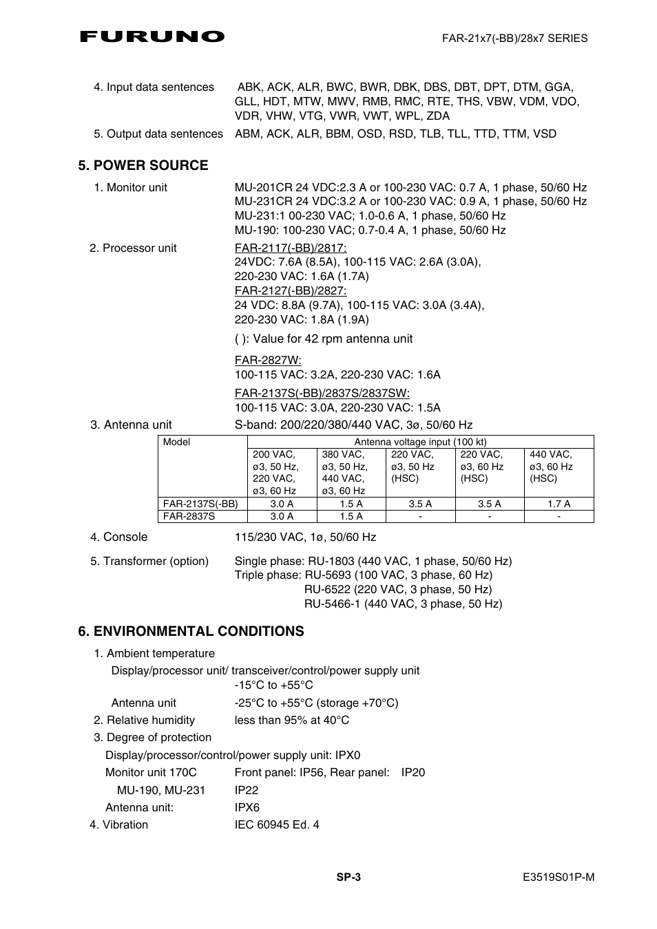 Furuno, Power source, Environmental conditions | Furuno FAR-2107(-BB) User Manual | Page 305 / 312