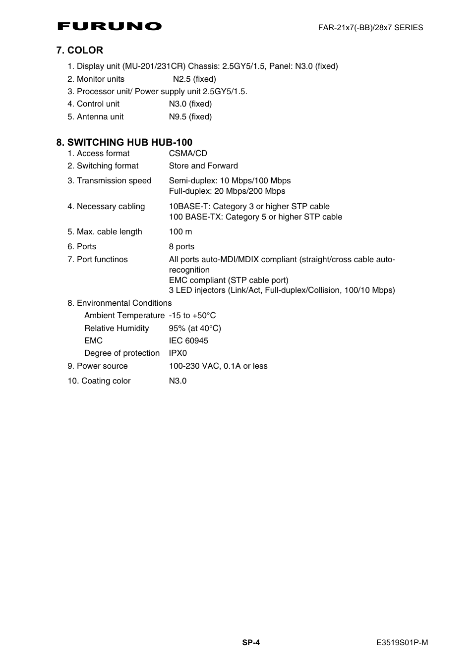 Furuno, Color, Switching hub hub-100 | Furuno FAR-2107(-BB) User Manual | Page 306 / 312