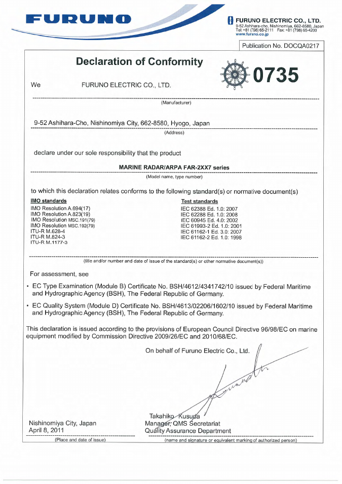 Declaration of conformity | Furuno FAR-2107(-BB) User Manual | Page 311 / 312