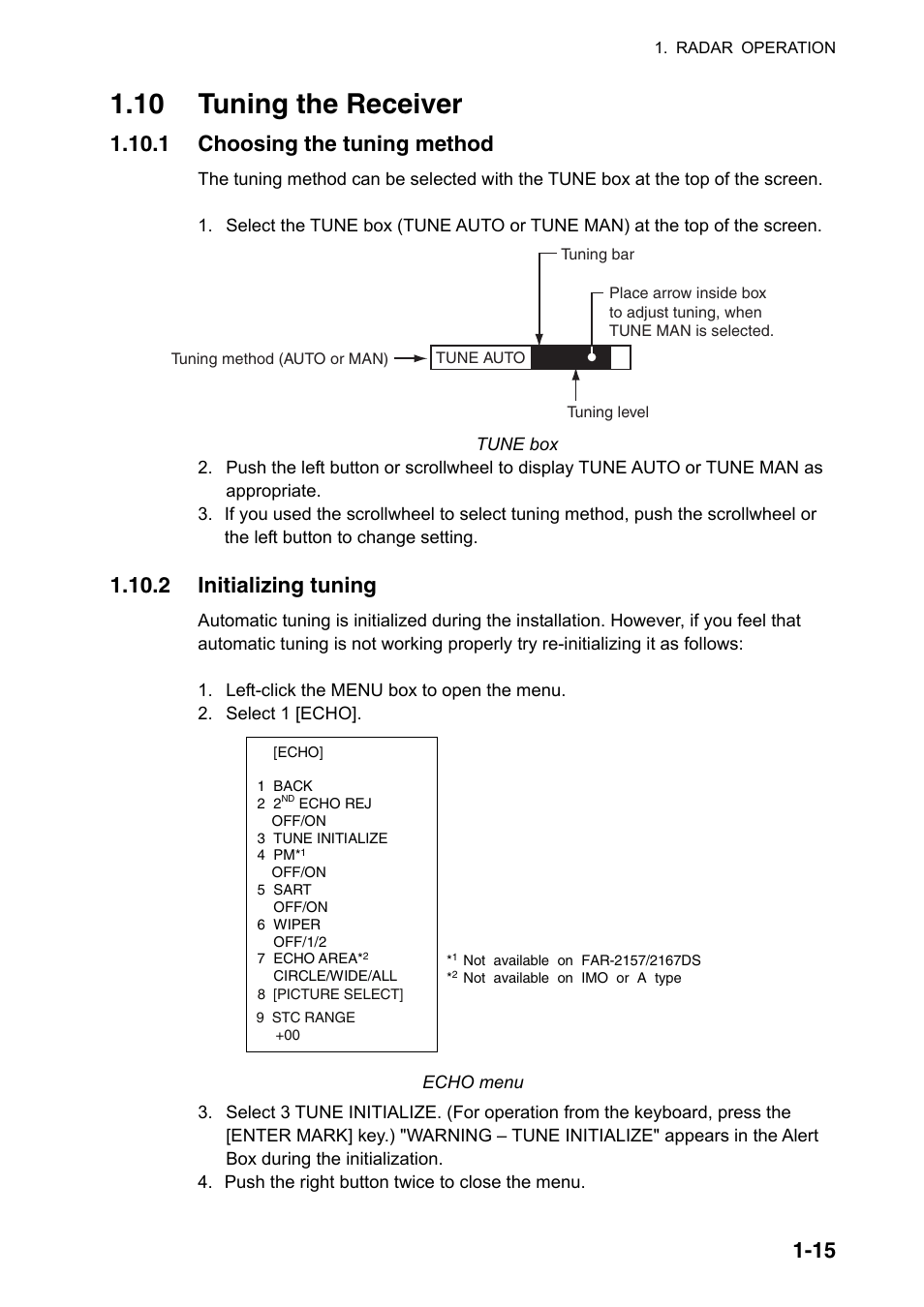 10 tuning the receiver, 1 choosing the tuning method, 2 initializing tuning | Furuno FAR-2107(-BB) User Manual | Page 37 / 312