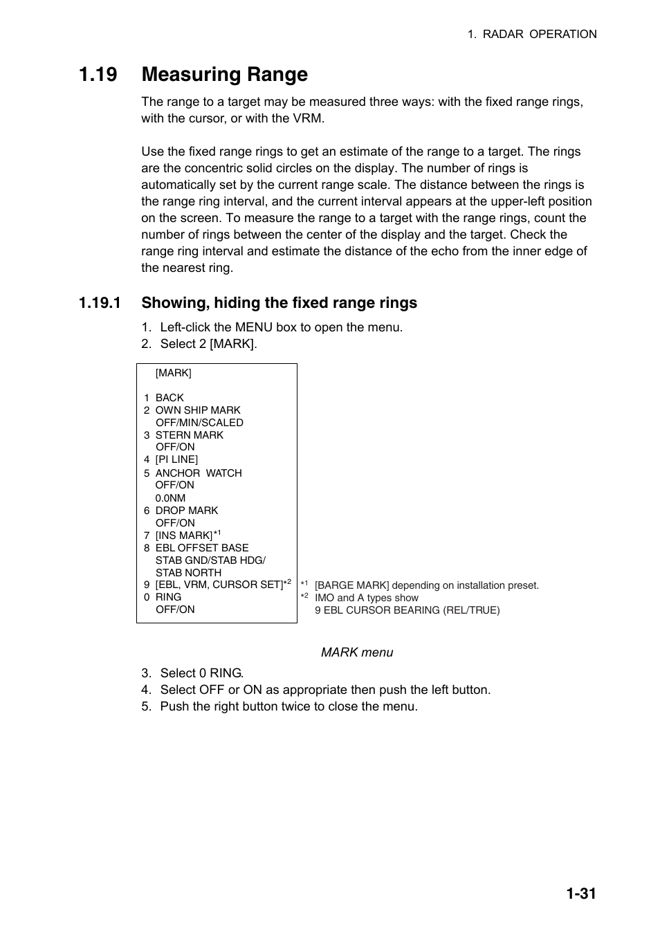 19 measuring range, 1 showing, hiding the fixed range rings | Furuno FAR-2107(-BB) User Manual | Page 53 / 312