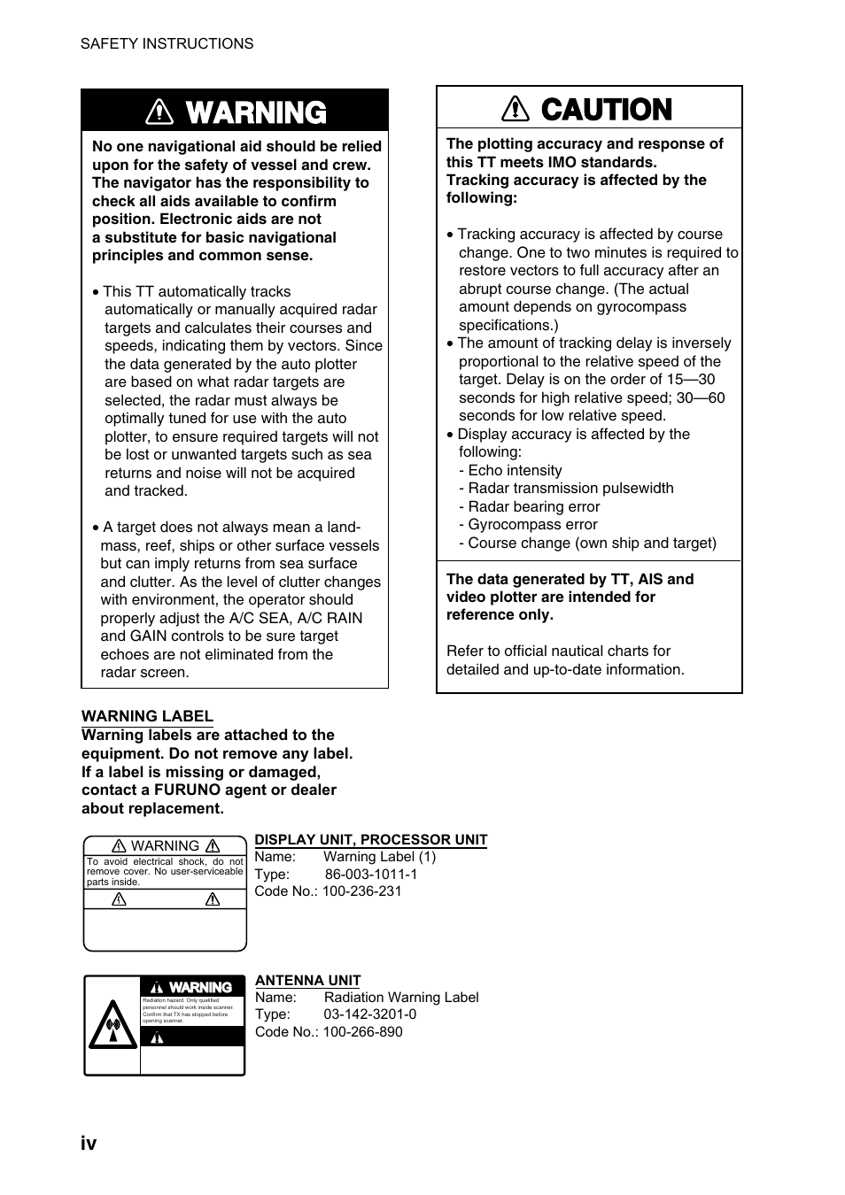 Warning, Caution | Furuno FAR-2107(-BB) User Manual | Page 6 / 312