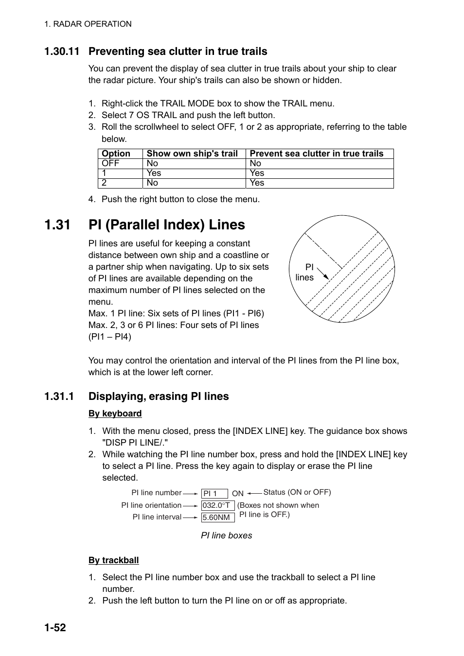 31 pi (parallel index) lines, 11 preventing sea clutter in true trails, 1 displaying, erasing pi lines | Furuno FAR-2107(-BB) User Manual | Page 74 / 312