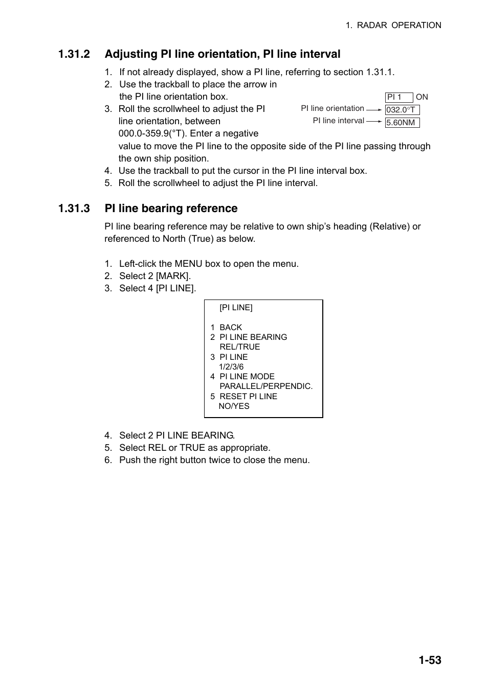 2 adjusting pi line orientation, pi line interval, 3 pi line bearing reference | Furuno FAR-2107(-BB) User Manual | Page 75 / 312