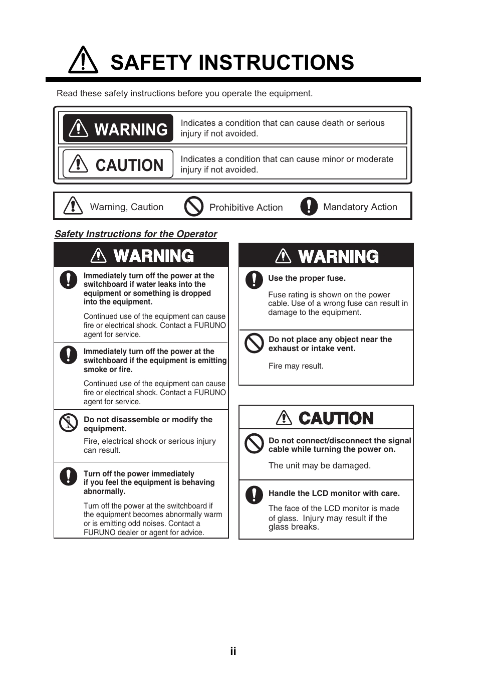 Safety instructions, Warning, Caution | Warning caution caution | Furuno MU-150HD User Manual | Page 3 / 41