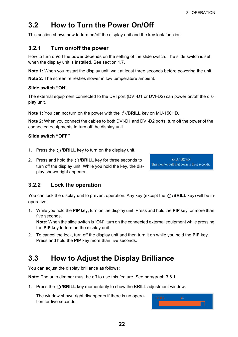 2 how to turn the power on/off, 3 how to adjust the display brilliance | Furuno MU-150HD User Manual | Page 30 / 41