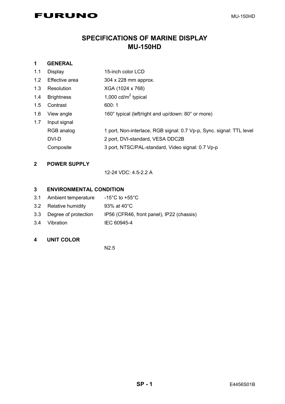 Specifications, Furuno, Specifications of marine display mu-150hd | Furuno MU-150HD User Manual | Page 36 / 41